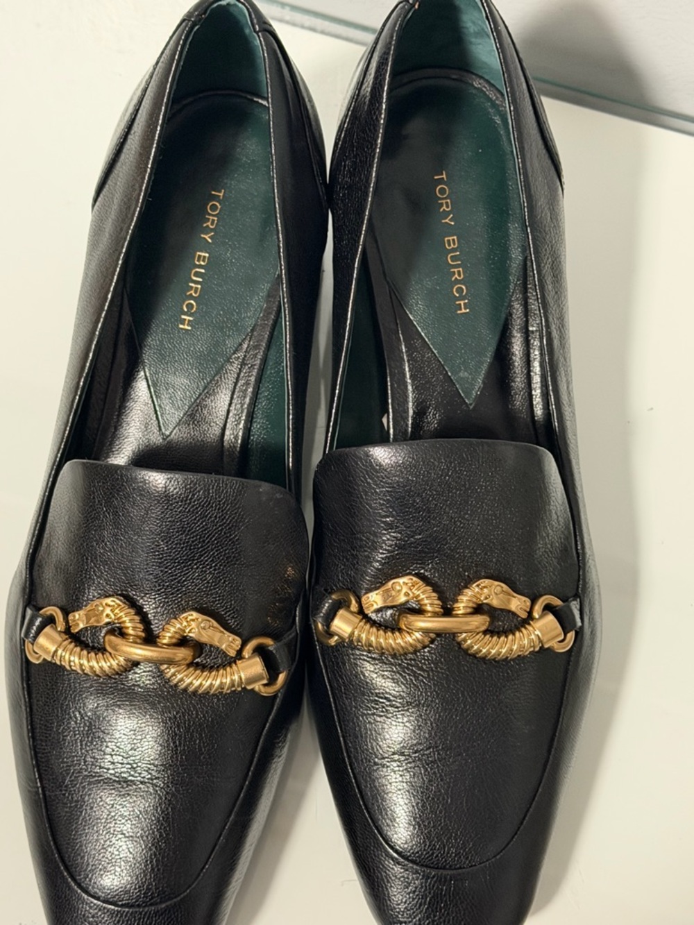 Tory Burch Jessa Loafers Black Leather Block Heel Loafers with Gold Chain Accent - Picture 8 of 11